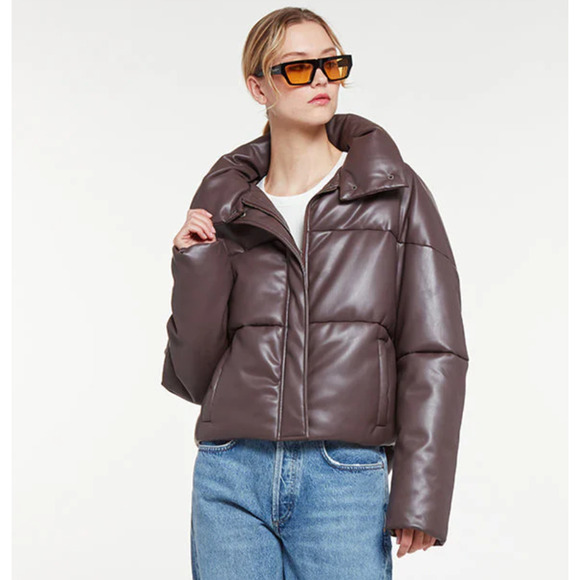 Apparis Jemma Puffer Jacket Cocoa Faux Leather Full Zip Funnel Neck Sz XL - Picture 2 of 16